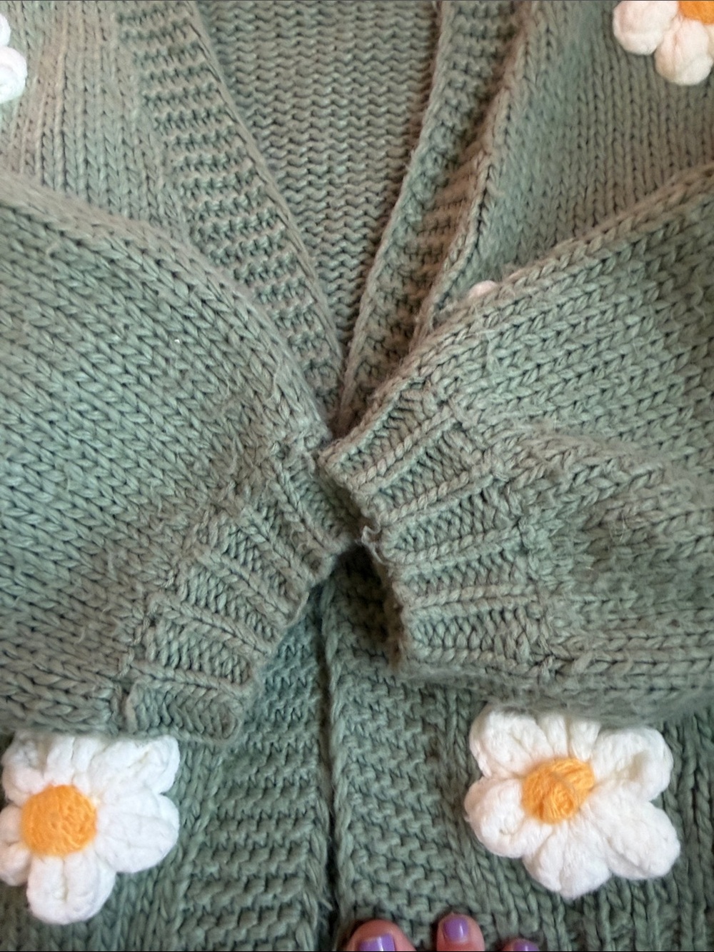 Daisy Appliqué Knit Cardigan Sweater - Sage Green - Picture 5 of 6